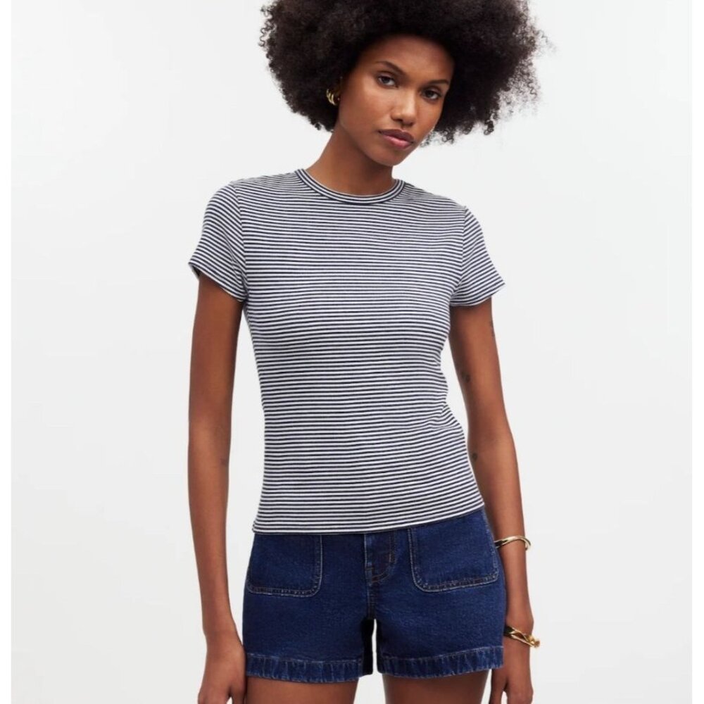 Madewell Womens Drapy Rib Striped tee Striped Short Sleeve XL Navy & White NWT